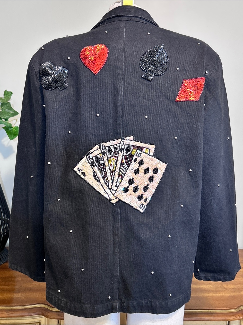 Vintage Black Denim Embellished Studded Sequin Aces High Card Deck Jacket